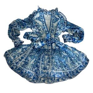 Christina Berla/Berla Couture 100% Silk Shifon  Blue/White dress with belt S